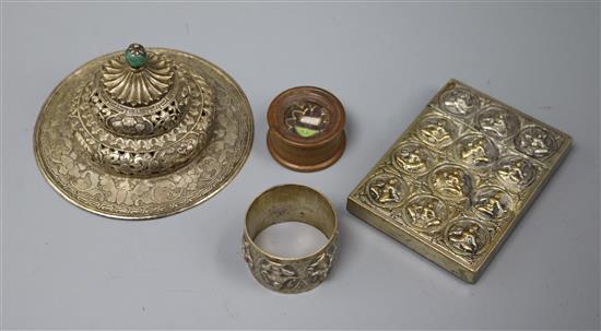 An Indian plated card case, a pierced white metal cover, etc (4)